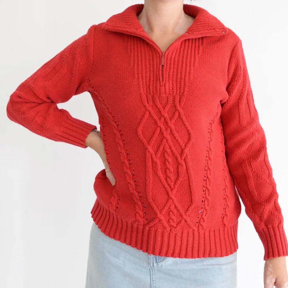 Vintage Cotton Country By Parkhurst Red Cable Knit Quarter Zip Sweater S